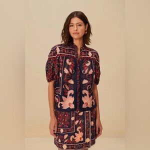 FARM RIO Boho Floral Scarf Navy Blue Blouse